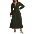 thumbnail image 1 of Wdfiry Dress for Women Solid Color V Neck Puff Long Sleeve Dress Casual Tummy Control A-Line Pleated Midi Dresses, 1 of 7