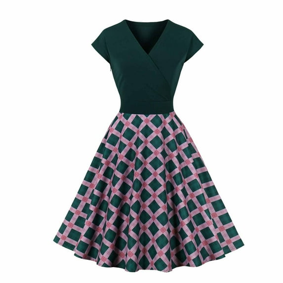 Wdfiry Dresses For Women Plus Size Women's 1950S Retro Dress Short Sleeve Printed Vintage Swing Dress