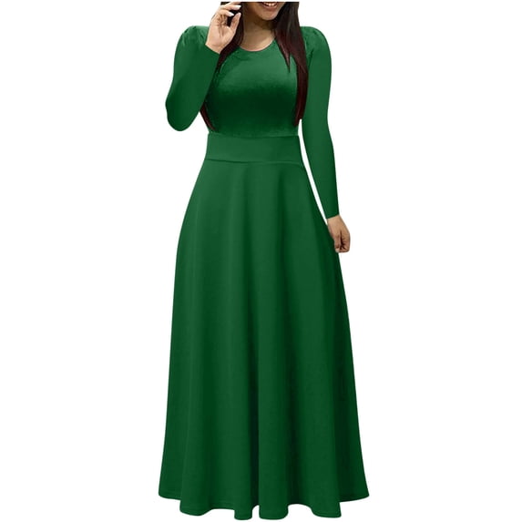 Wdfiry Dresses for Women 2024 Casual Winter Fall Long Sleeve O-Neck Solid Big Swing Fashion Long Dress