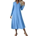 thumbnail image 1 of Wdfiry Fall Dress for Women Solid Color Cotton Linen Pullover V Neck Long Sleeve Dress Casual Loose Long Dresses, 1 of 5
