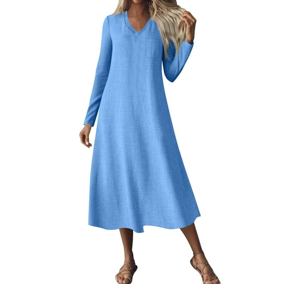 Wdfiry Fall Dress for Women Solid Color Cotton Linen Pullover V Neck Long Sleeve Dress Casual Loose Long Dresses