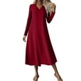 thumbnail image 1 of Wdfiry Fall Dress for Women Solid Color Cotton Linen Pullover V Neck Long Sleeve Dress Casual Loose Long Dresses, 1 of 5