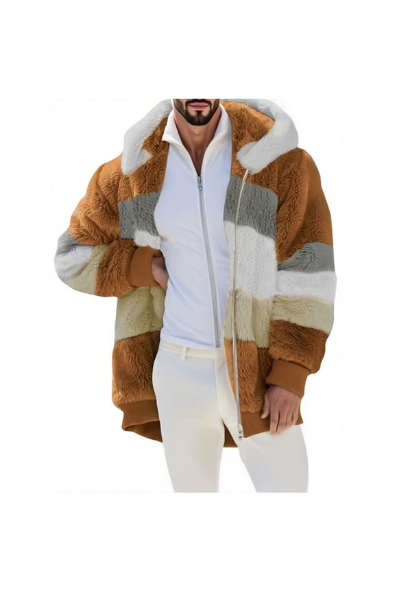 Fleece Jacket for Men Winter Soft Fluffy Thick Warm Hooded Jackets Casual Long Sleeve Color Block Zip Coats with Pockets