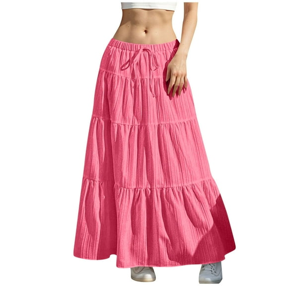 Wdfiry Flowy Skirts for Women Summer Solid A-Line Ruffle Swing Long Skirt Fashion Casual Drawstring Elastic High Waist Boho Maxi Skirt