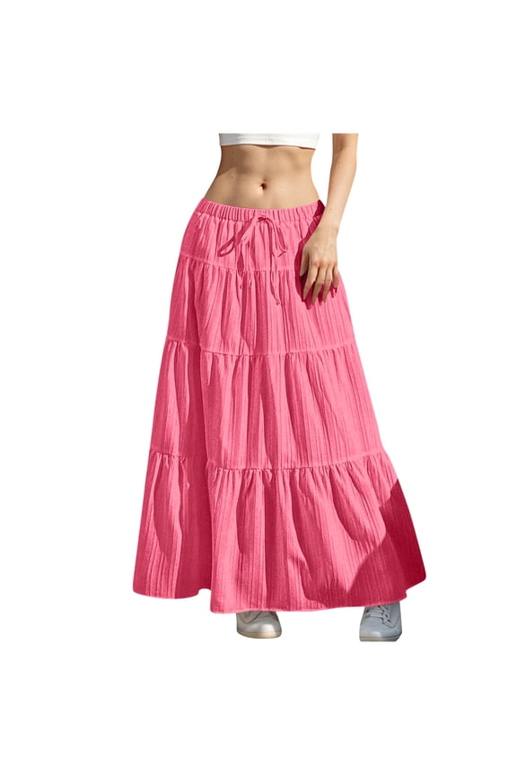 Flowy Skirts for Women Summer Solid A-Line Ruffle Swing Long Skirt Fashion Casual Drawstring Elastic High Waist Boho Maxi Skirt