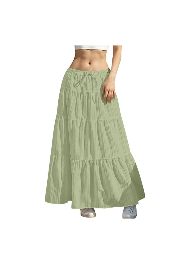 Flowy Skirts for Women Summer Solid A-Line Ruffle Swing Long Skirt Fashion Casual Drawstring Elastic High Waist Boho Maxi Skirt