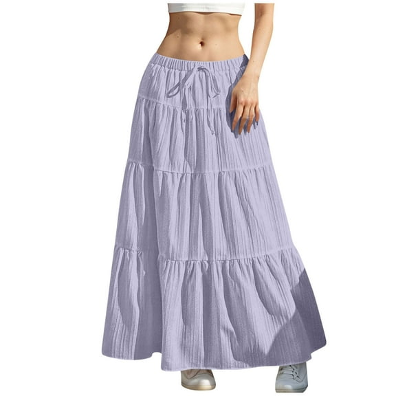 Wdfiry Flowy Skirts for Women Summer Solid A-Line Ruffle Swing Long Skirt Fashion Casual Drawstring Elastic High Waist Boho Maxi Skirt