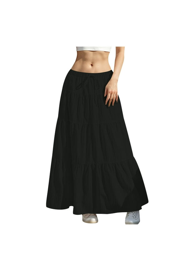 Flowy Skirts for Women Summer Solid A-Line Ruffle Swing Long Skirt Fashion Casual Drawstring Elastic High Waist Boho Maxi Skirt