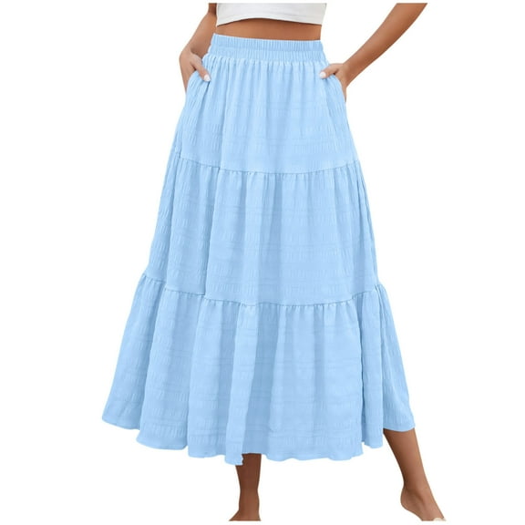 Wdfiry Flowy Skirts for Women Summer Solid A-Line Ruffle Swing Long Skirt Fashion Casual Elastic High Waist Boho Maxi Skirt