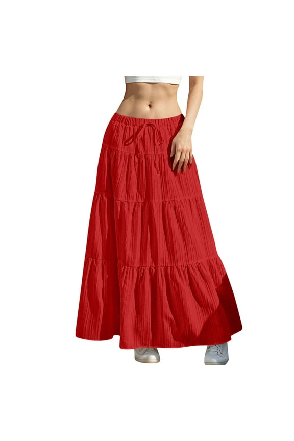Flowy Skirts for Women Summer Solid A-Line Ruffle Swing Long Skirt Fashion Casual Drawstring Elastic High Waist Boho Maxi Skirt
