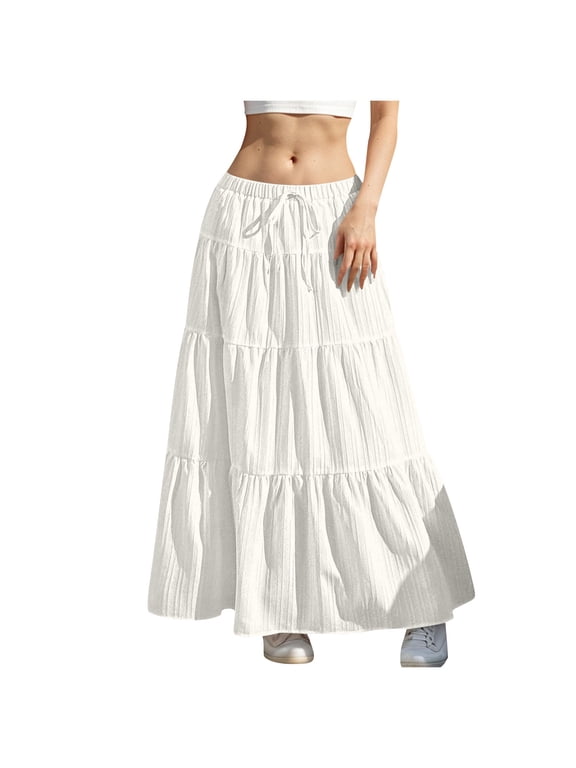 Flowy Skirts for Women Summer Solid A-Line Ruffle Swing Long Skirt Fashion Casual Drawstring Elastic High Waist Boho Maxi Skirt