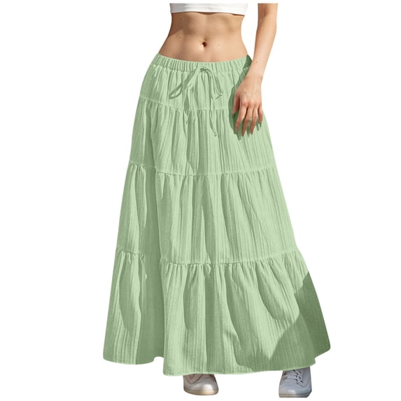 Wdfiry Flowy Skirts for Women Summer Solid A-Line Ruffle Swing Long Skirt Fashion Casual Drawstring Elastic High Waist Boho Maxi Skirt