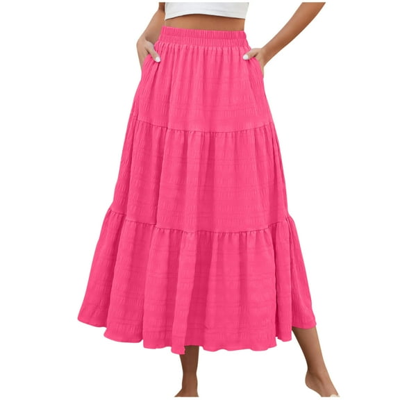 Wdfiry Flowy Skirts for Women Summer Solid A-Line Ruffle Swing Long Skirt Fashion Casual Elastic High Waist Boho Maxi Skirt