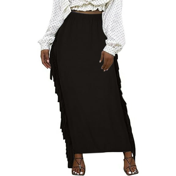 Wdfiry Fringe Skirts for Womens Solid Color Elastic Waist Comfortable Maxi Skirts Plus Size Loose Fit Stretchy Tummy Control Long Skirts