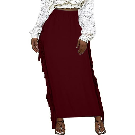 Wdfiry Fringe Skirts for Womens Solid Color Elastic Waist Comfortable Maxi Skirts Plus Size Loose Fit Stretchy Tummy Control Long Skirts