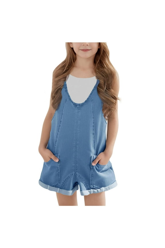 Girls Denim Jumpsuit Shorts Summer Fashion Casual Backless Romper Spaghetti Strap Backless Jeans Shorts, 5-14 Years