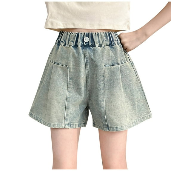 Ohufall Girls Denim Shorts Summer Casual Solid Color Elastic Waist Jean Shorts Kids Loose-fitting Wide Leg Short Pants, 5-16 Years