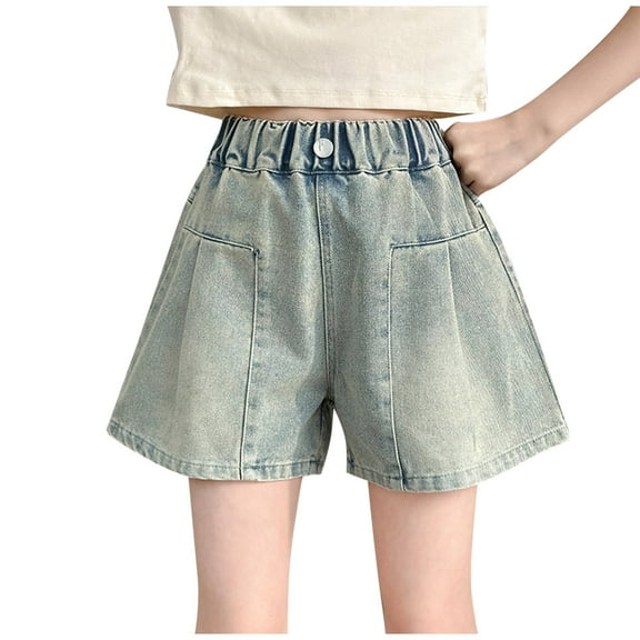 Ohufall Girls Denim Shorts Summer Casual Solid Color Elastic Waist Jean Shorts Kids Loose-fitting Wide Leg Short Pants, 5-16 Years