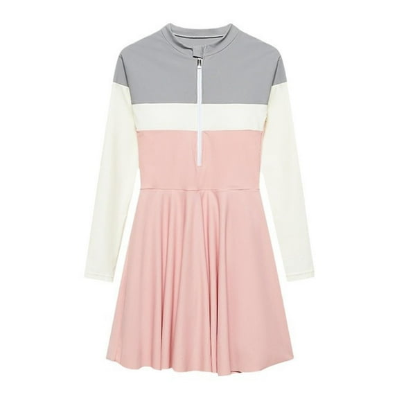 Ohufall Girls One-Piece Swimsuits Summer Swim Dress Long Sleeve Swimwear Fashion Colorblock Hawaiian Skirted Bathing Suit for Kids Girls, 2-12 Years