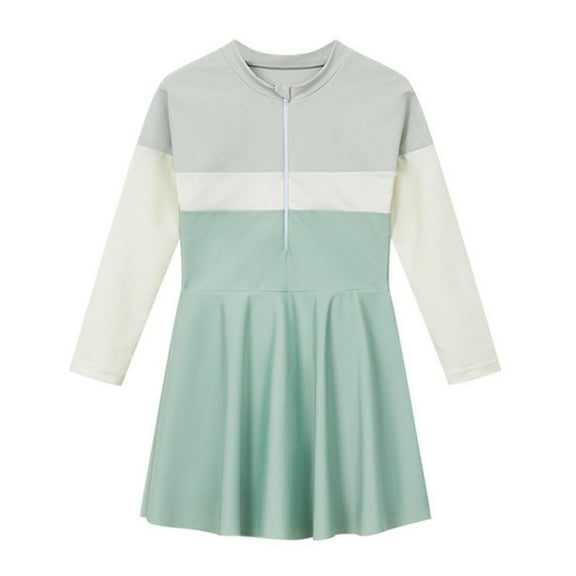 Ohufall Girls One-Piece Swimsuits Summer Swim Dress Long Sleeve Swimwear Fashion Colorblock Hawaiian Skirted Bathing Suit for Kids Girls, 2-12 Years