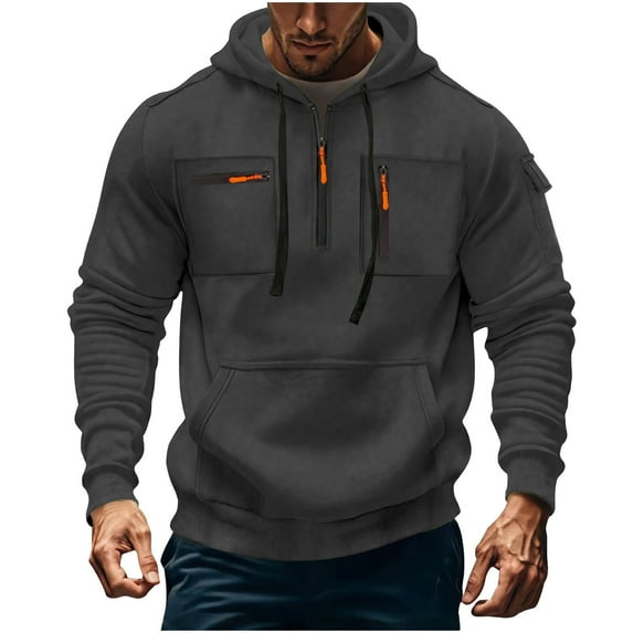 Wdfiry Hoodies for Men Drawstring Long Sleeve Half Zipper Sweatshirts with Multi Zipper Pockets Plus Size Solid Color Hoodies