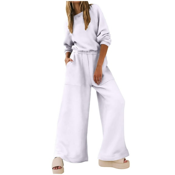 Wdfiry Jumpsuit for Women Clearance Baggy Long Sleeve Playsuit Elastic Waist Straight Wide Leg Jumpsuit