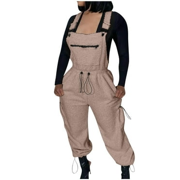 Wdfiry Jumpsuit for Women with Pockets Solid Color Adjustable Suspender Straps Pants Palazzo Pants Warm Winter Fuzzy Overalls
