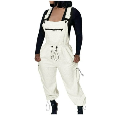 Wdfiry Jumpsuit for Women with Pockets Solid Color Adjustable Suspender Straps Pants Palazzo Pants Warm Winter Fuzzy Overalls