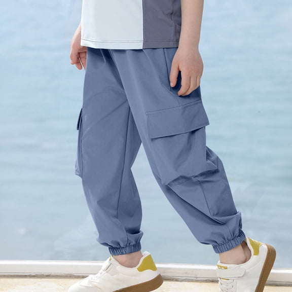 Ohufall Kids Cargo Pants Fashion Casual Solid Color Elastic Waist Joggers Lightweight Outdoor Sport Pant with Pockets, 3-16 Years