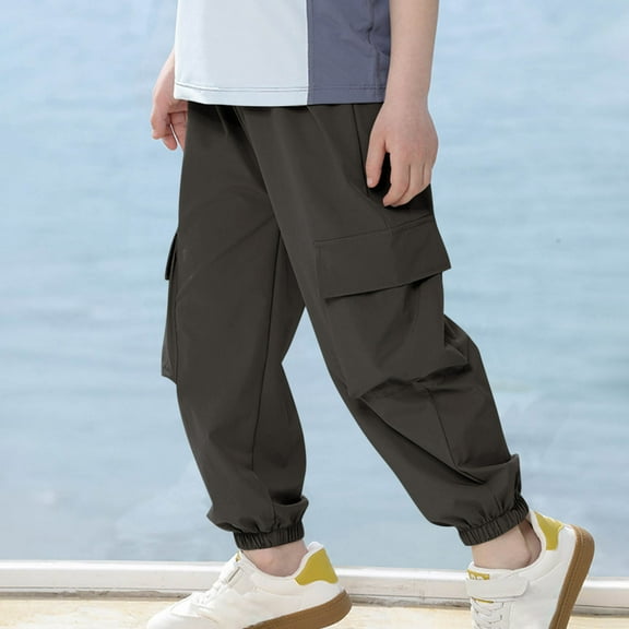 Ohufall Kids Cargo Pants Fashion Casual Solid Color Elastic Waist Joggers Lightweight Outdoor Sport Pant with Pockets, 3-16 Years