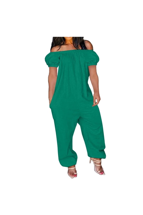 Linen Jumpsuits for Women Loose Fit Off Shoulder Rompers Casual Short Sleeve Wide Leg Overalls Plus Size Solid Color Jumpers One Piece Pants