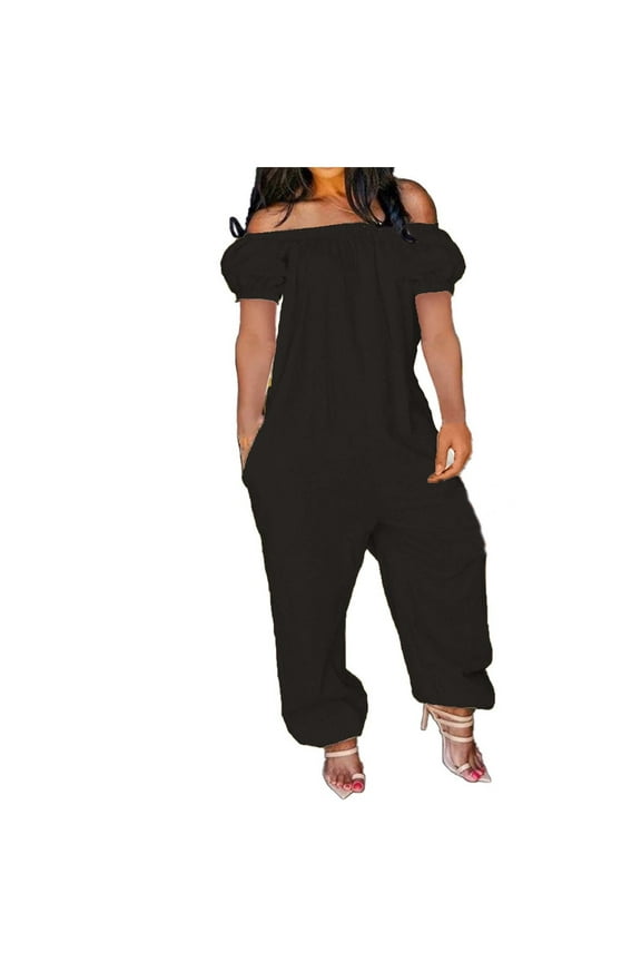 Linen Jumpsuits for Women Loose Fit Off Shoulder Rompers Casual Short Sleeve Wide Leg Overalls Plus Size Solid Color Jumpers One Piece Pants