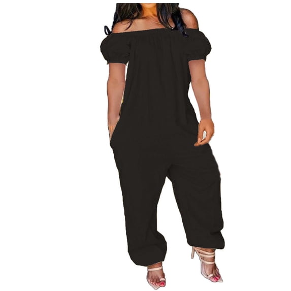 Wdfiry Linen Jumpsuits for Women Loose Fit Off Shoulder Rompers Casual Short Sleeve Wide Leg Overalls Plus Size Solid Color Jumpers One Piece Pants
