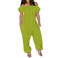 thumbnail image 1 of Wdfiry Linen Jumpsuits for Women Loose Fit Off Shoulder Rompers Casual Short Sleeve Wide Leg Overalls Plus Size Solid Color Jumpers One Piece Pants, 1 of 4