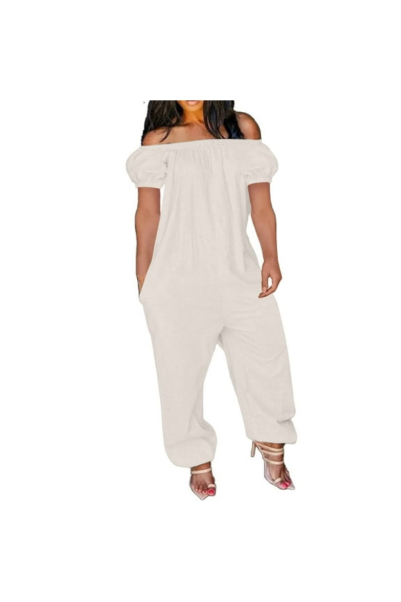 Linen Jumpsuits for Women Loose Fit Off Shoulder Rompers Casual Short Sleeve Wide Leg Overalls Plus Size Solid Color Jumpers One Piece Pants