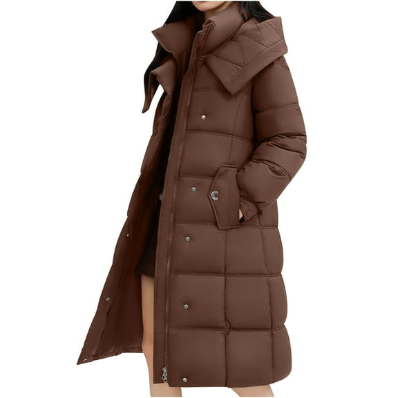 Wdfiry Long Coat for Women Solid Color Casual Cotton Thick Winter Slim Down Jacket Coat Plus Size Hooded with Pockets Overcoat Clothes