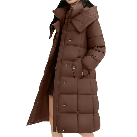 Wdfiry Long Coat for Women Solid Color Casual Cotton Thick Winter Slim Down Jacket Coat Plus Size Hooded with Pockets Overcoat Clothes