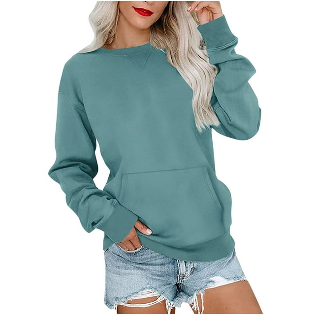 Wdfiry Long Sleeve Sweatshirt for Women with Front Pocket Crewneck Thin Sweatshirt Lightweight Casual Pullover Fall Winter Tops