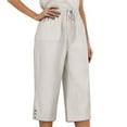 thumbnail image 1 of Ohufall Loose Fitting Capri Pants for Women High Waisted Cotton Linen Wide Leg Casual Capris Solid Color Drawstring Elastic Waist Capris, 1 of 8