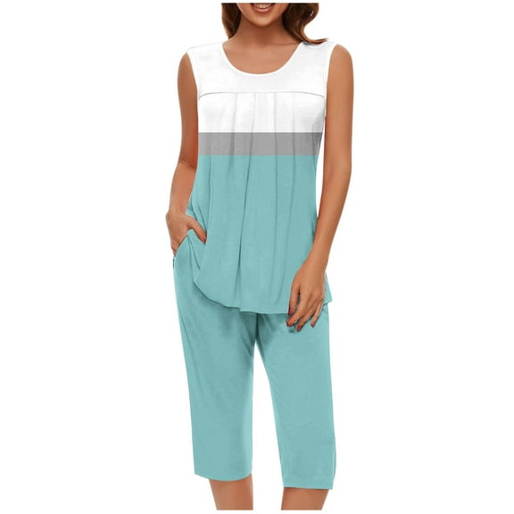 Ohufall Lounge Outfits for Women 2 Piece Sets Sleeveless Pleated Tops and Elastic Waist Capris Cozy Contrasting Color Loungewear Sweatsuit with Pockets