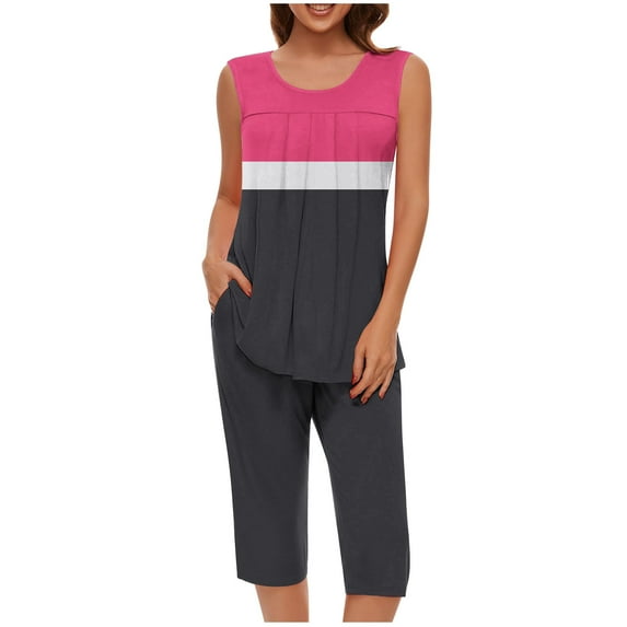 Ohufall Lounge Outfits for Women 2 Piece Sets Sleeveless Pleated Tops and Elastic Waist Capris Cozy Contrasting Color Loungewear Sweatsuit with Pockets