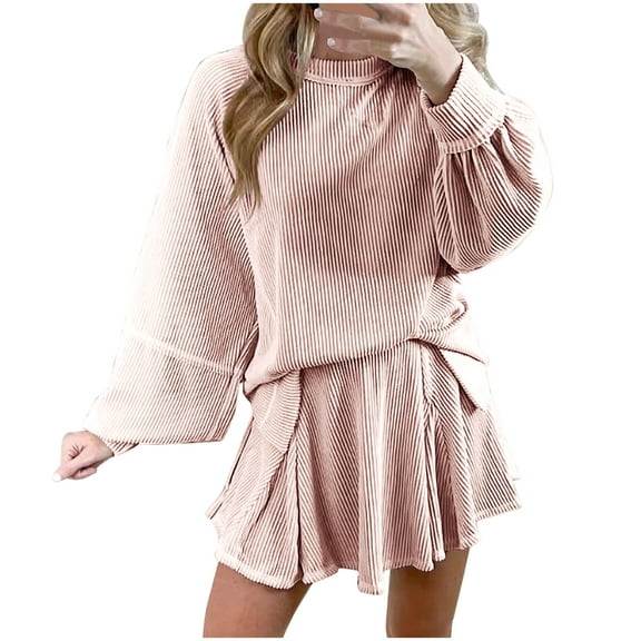 Ohufall Lounge Sets for Women 2 Piece Outfits Long Sleeve Crew Neck Tops with Mini Culottes Summer Cozy Soft Loungewear Set