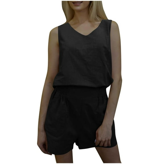 Ohufall Lounge Sets for Women Two Piece Outfits Summer V Neck Sleeveless Tank Top and Shorts Casual Solid Cotton Linen Loungewear Set
