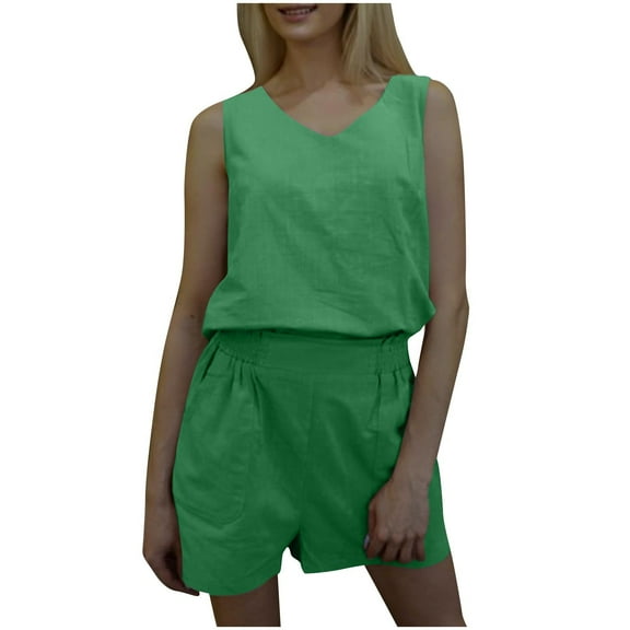Ohufall Lounge Sets for Women Two Piece Outfits Summer V Neck Sleeveless Tank Top and Shorts Casual Solid Cotton Linen Loungewear Set