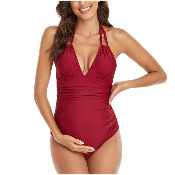 Ohufall Maternity One Piece Swimsuits Solid Color Fashion Sexy V-neck Backless Bikinis Tummy Control High Waisted Halter Tie Knot Bathing Suits
