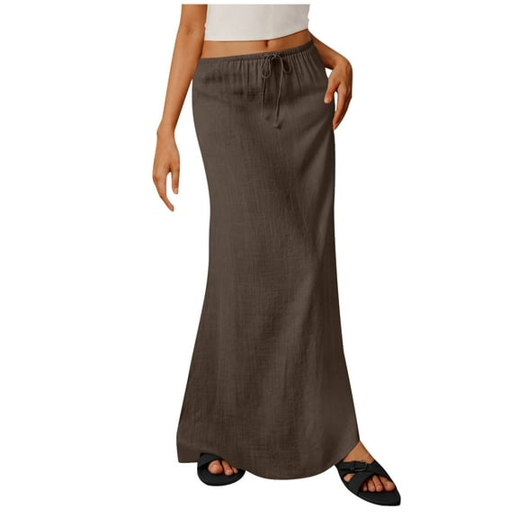 Wdfiry Maxi Skirts for Women Summer Fashion Casual Solid Color Drawstring Elastic Waist Long Skirt Ladies Cotton And Linen Skirts
