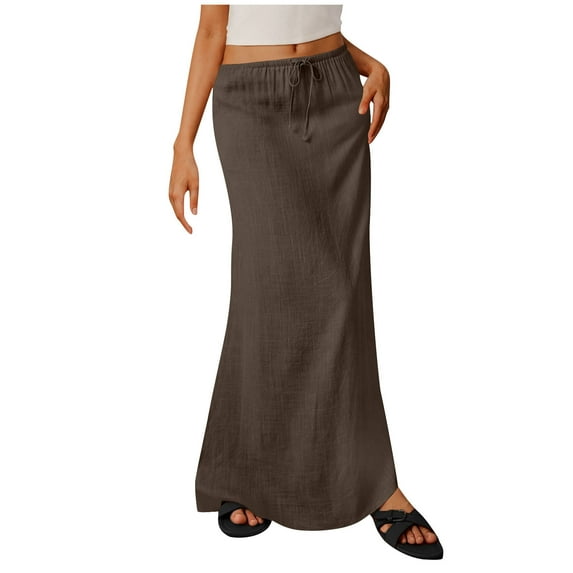 Wdfiry Maxi Skirts for Women Summer Fashion Casual Solid Color Drawstring Elastic Waist Long Skirt Ladies Cotton And Linen Skirts