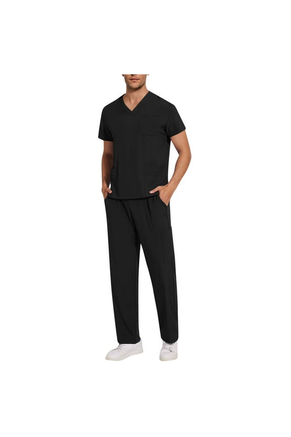 Medical Scrubs Sets for Men 2 Piece Outfits 2025 Summer Solid V Neck Tee Top with Jogging Pants Mens Workwear Nursing Uniform with Pockets
