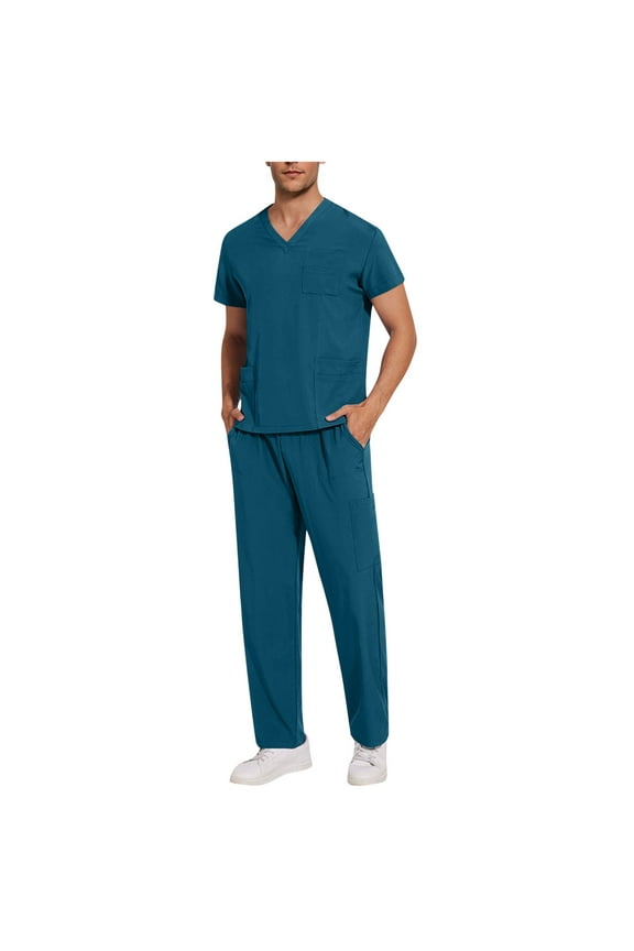 Medical Scrubs Sets for Men 2 Piece Outfits 2025 Summer Solid V Neck Tee Top with Jogging Pants Mens Workwear Nursing Uniform with Pockets