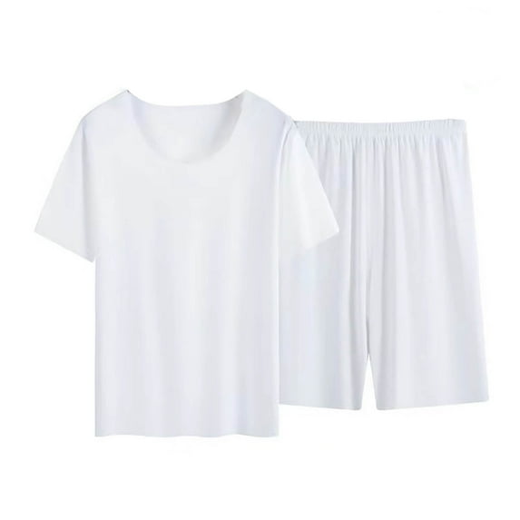 Wdfiry Men Pajama Shorts Set Short Sleeve Sleep Set Crewneck PJ Set 2Pcs Set Sleepwear Nightwear